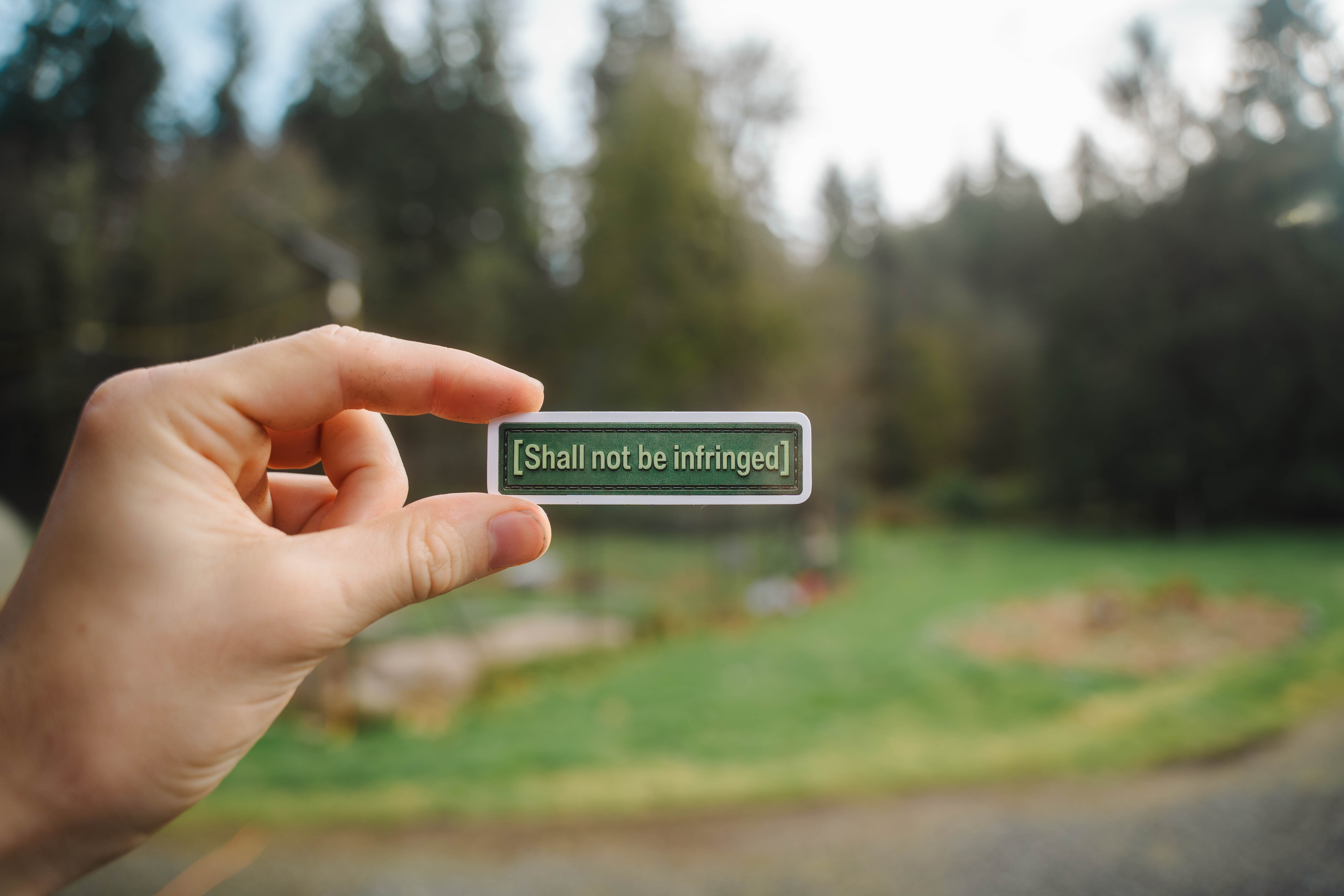 Hand holding a small rectangular sign with 'Shall not be infringed' text against a blurred natural background.